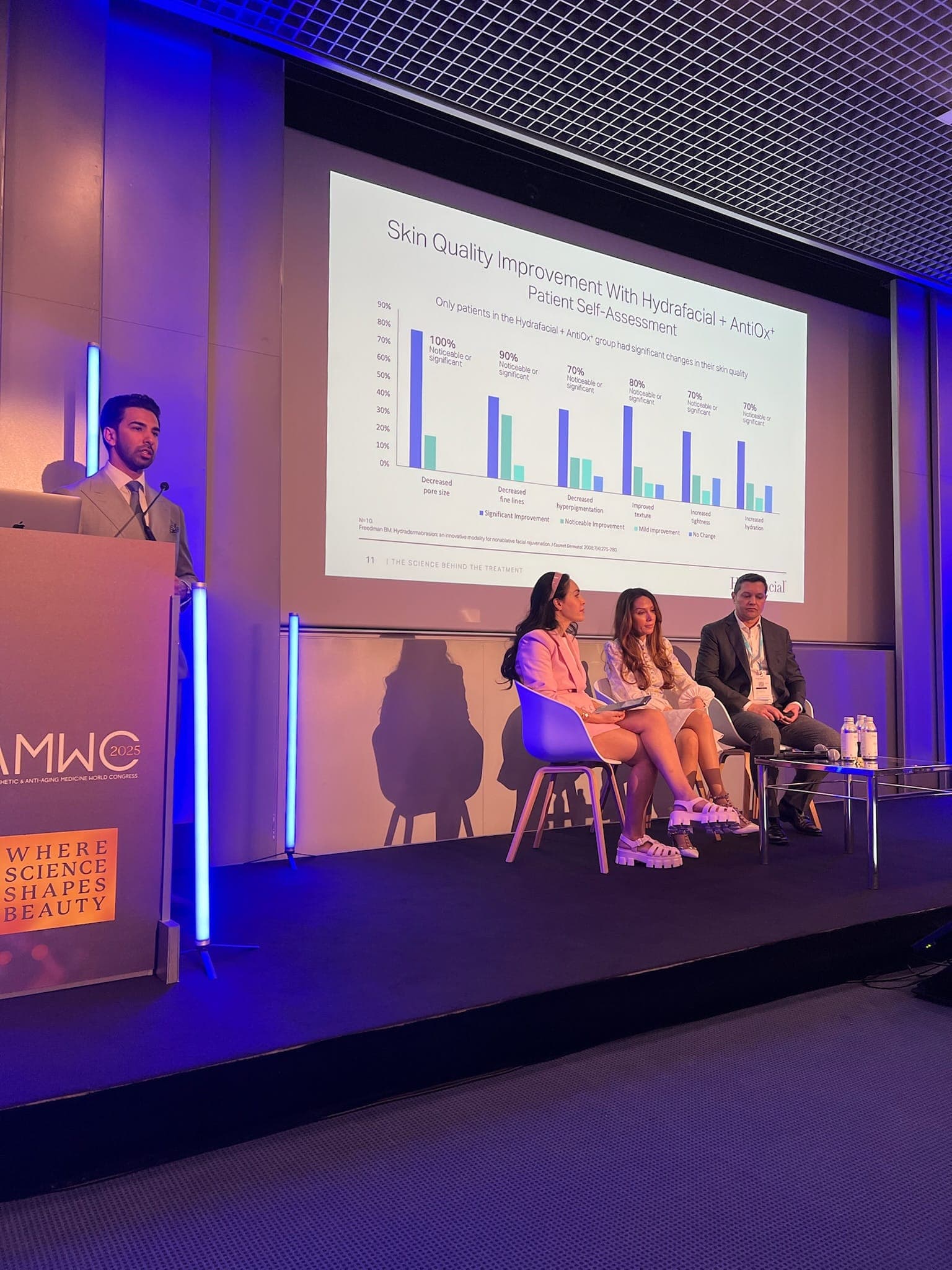 Dr Kamran Amjed on a healthcare industry panel with clinical outcome data on screen